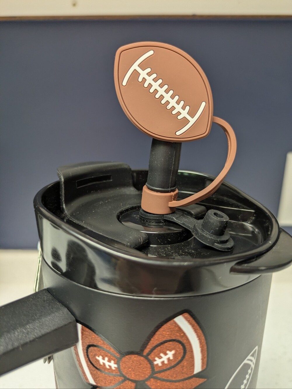 Glittery Football & Bows Print Travel Tumbler with Handle Removable Straw Topper - Picture 10 of 14